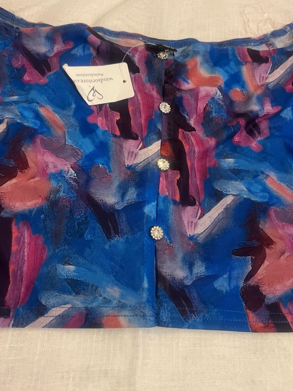 Windsor Blue Floral Sheer Crop Top with Crystal Buttons